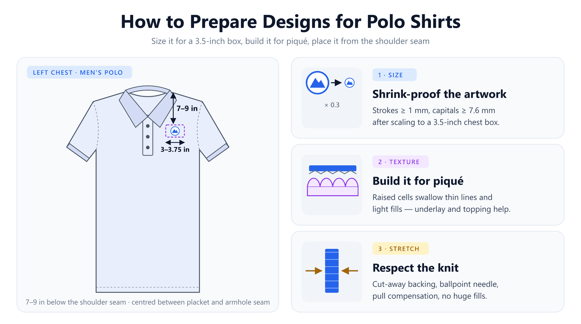 A polo shirt with a left-chest logo box 3 to 3.75 inches wide, 7 to 9 inches below the shoulder seam, next to three cards: shrink-proof the artwork, build it for piqué, and respect the knit's stretch