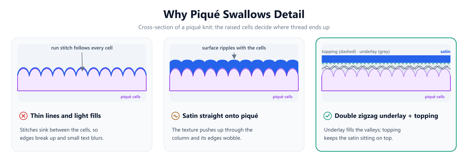 Cross-section of piqué knit in three panels: a run stitch dipping into every gap between the raised cells, a satin column whose surface ripples with the cells, and a satin column sitting flat on double zigzag underlay and a water-soluble topping