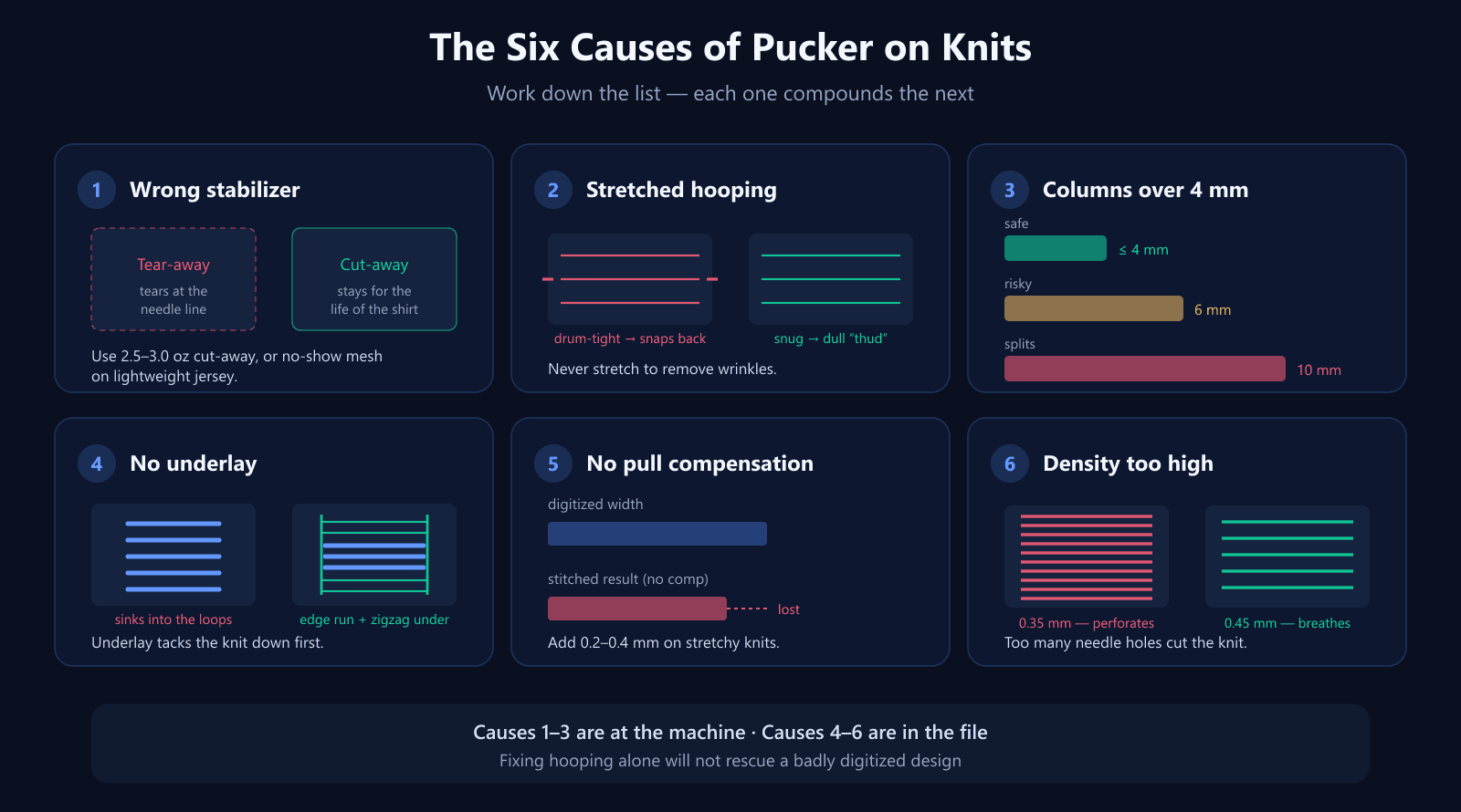 Six causes of puckering on knits: wrong stabilizer, stretched hooping, columns over 4 mm, missing underlay, no pull compensation, and density set too high