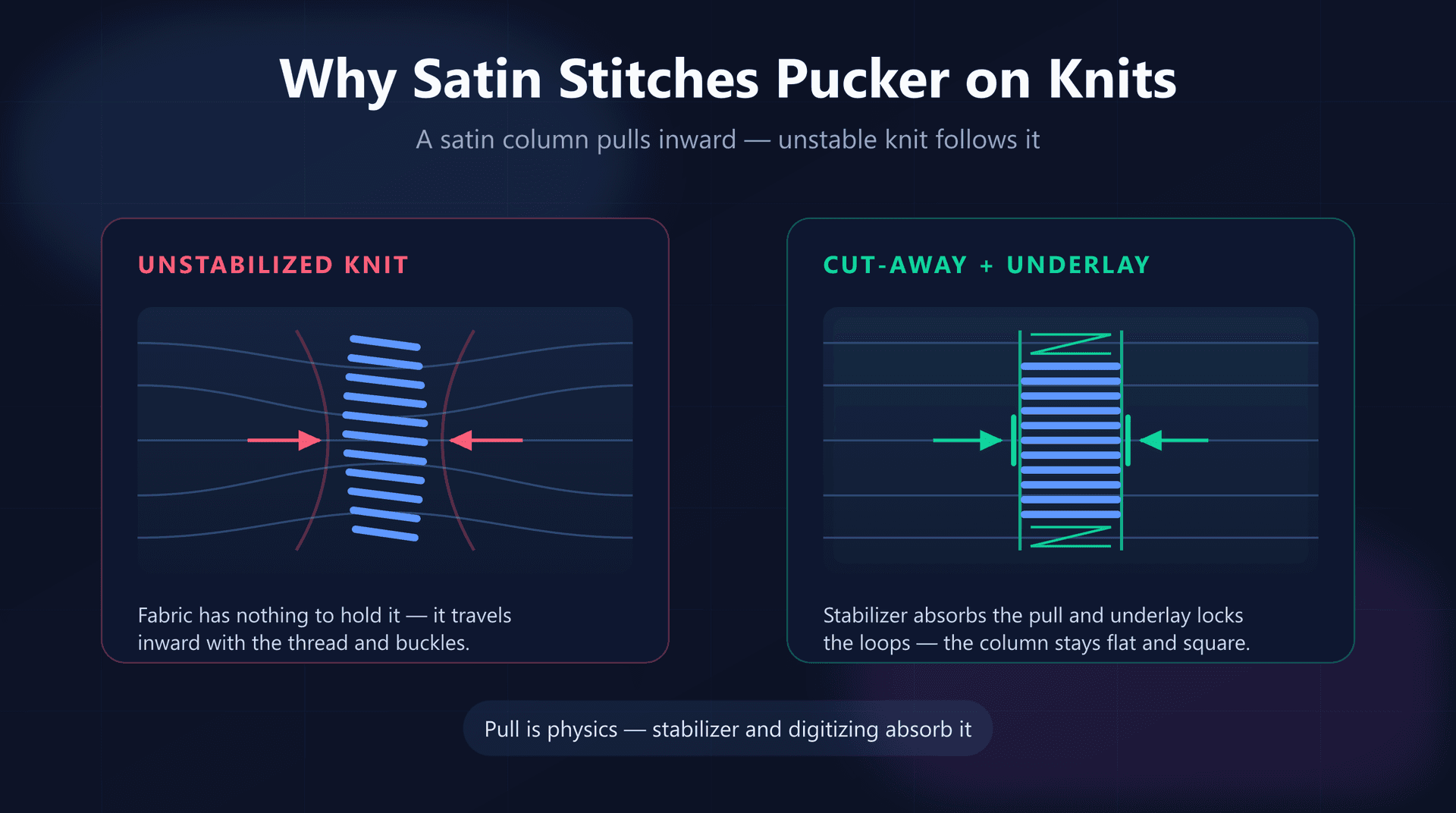 Two panels comparing a satin column on unstabilized knit, where the fabric buckles inward, against one on cut-away stabilizer with underlay, where the column stays flat and square
