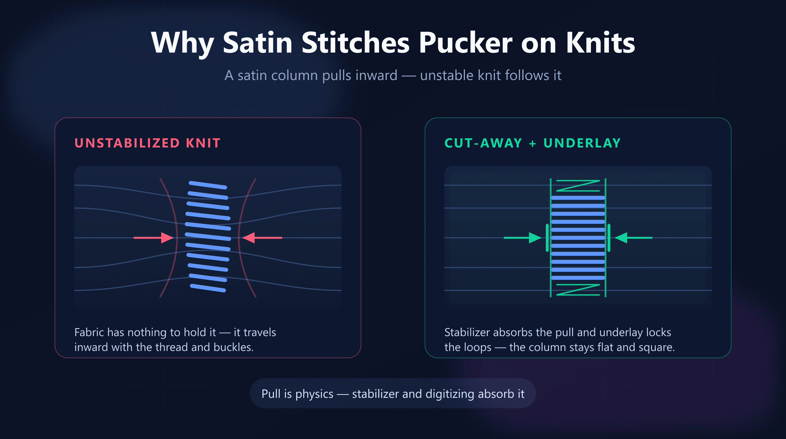 Two panels comparing a satin column on unstabilized knit, where the fabric buckles inward, against one on cut-away stabilizer with underlay, where the column stays flat and square