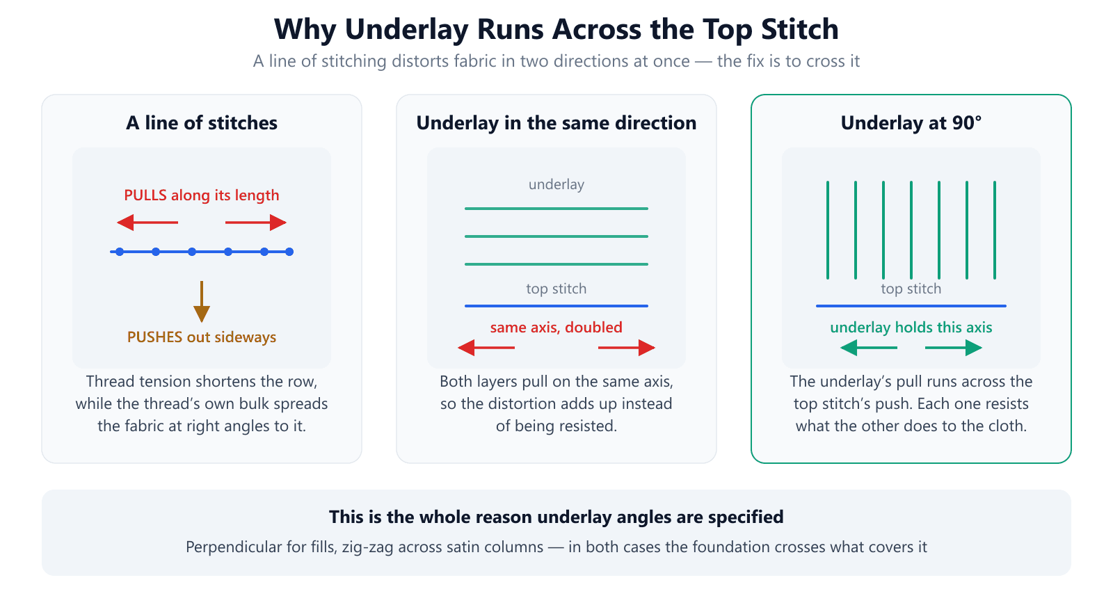 Three panels showing that a stitch line pulls fabric along its length and pushes it outward sideways, that underlay running the same direction doubles the distortion, and that underlay at 90 degrees opposes the top stitch so the two cancel
